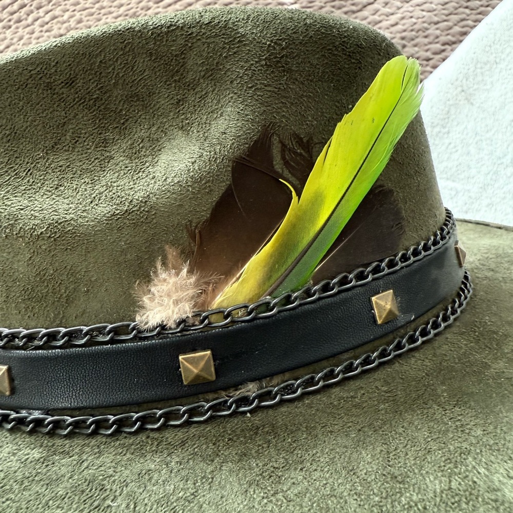 Green Wide Brim Hat with Feather Accent - Picture 5 of 8